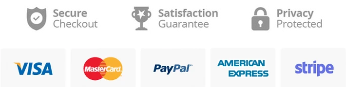 Payment methods: Visa, MasterCard, PayPal, American Express, Stripe